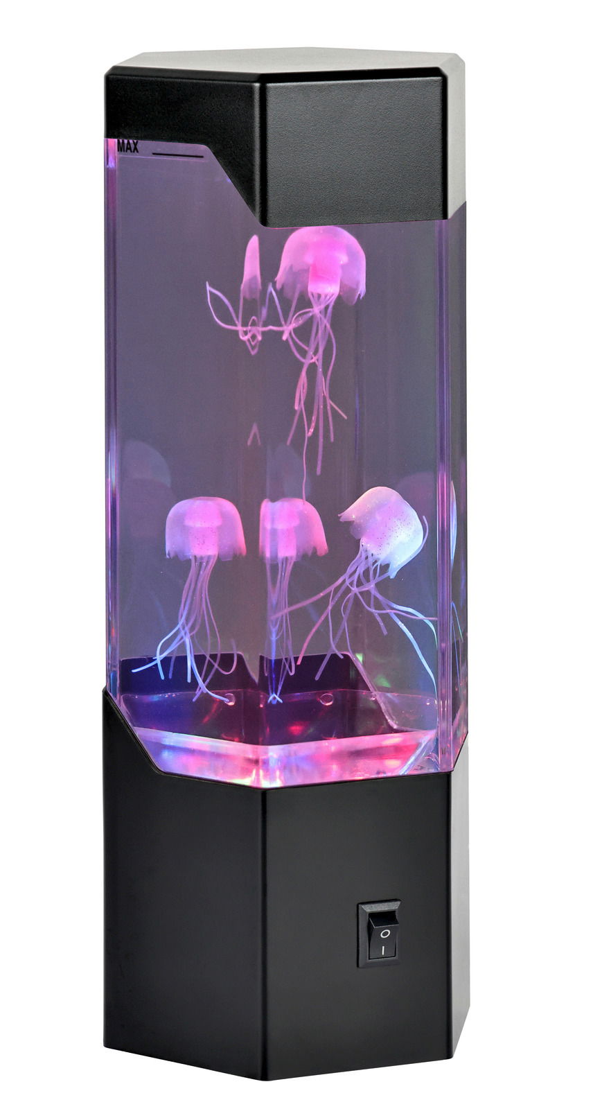 LED-Dekoleuchte mit leuchtenden Quallen in einem rechteckigen, transparenten Behälter, seitliche Perspektive