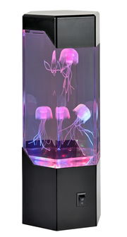 LED-Dekoleuchte mit leuchtenden Quallen in einem rechteckigen, transparenten Behälter, seitliche Perspektive