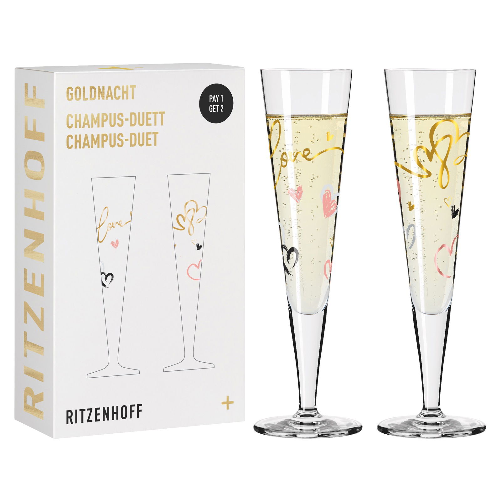 Zwei elegante Champagnergläser mit goldenen und bunten Herzmotiven, präsentiert in einer stilvollen Verpackung mit der Aufschrift 'Goldnacht Champus-Duett'. Frontale Ansicht.
