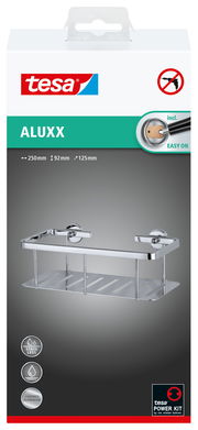 Perspektive von vorne: tesa Aluxx Duschablage aus verchromtem Aluminium, 250mm breit, 92mm hoch, 125mm tief, mit einfachem Befestigungssystem ohne Bohren.
