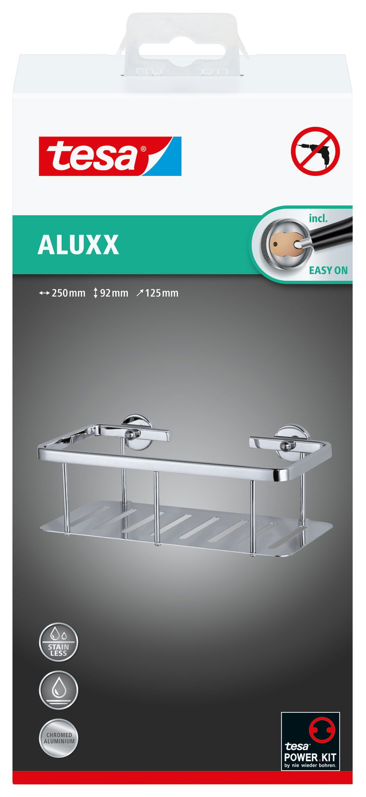 Perspektive von vorne: tesa Aluxx Duschablage aus verchromtem Aluminium, 250mm breit, 92mm hoch, 125mm tief, mit einfachem Befestigungssystem ohne Bohren.