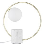 Moderne Tischleuchte Lyon mit rundem, goldfarbenem Rahmen und weißem Marmorsockel, seitliche Perspektive