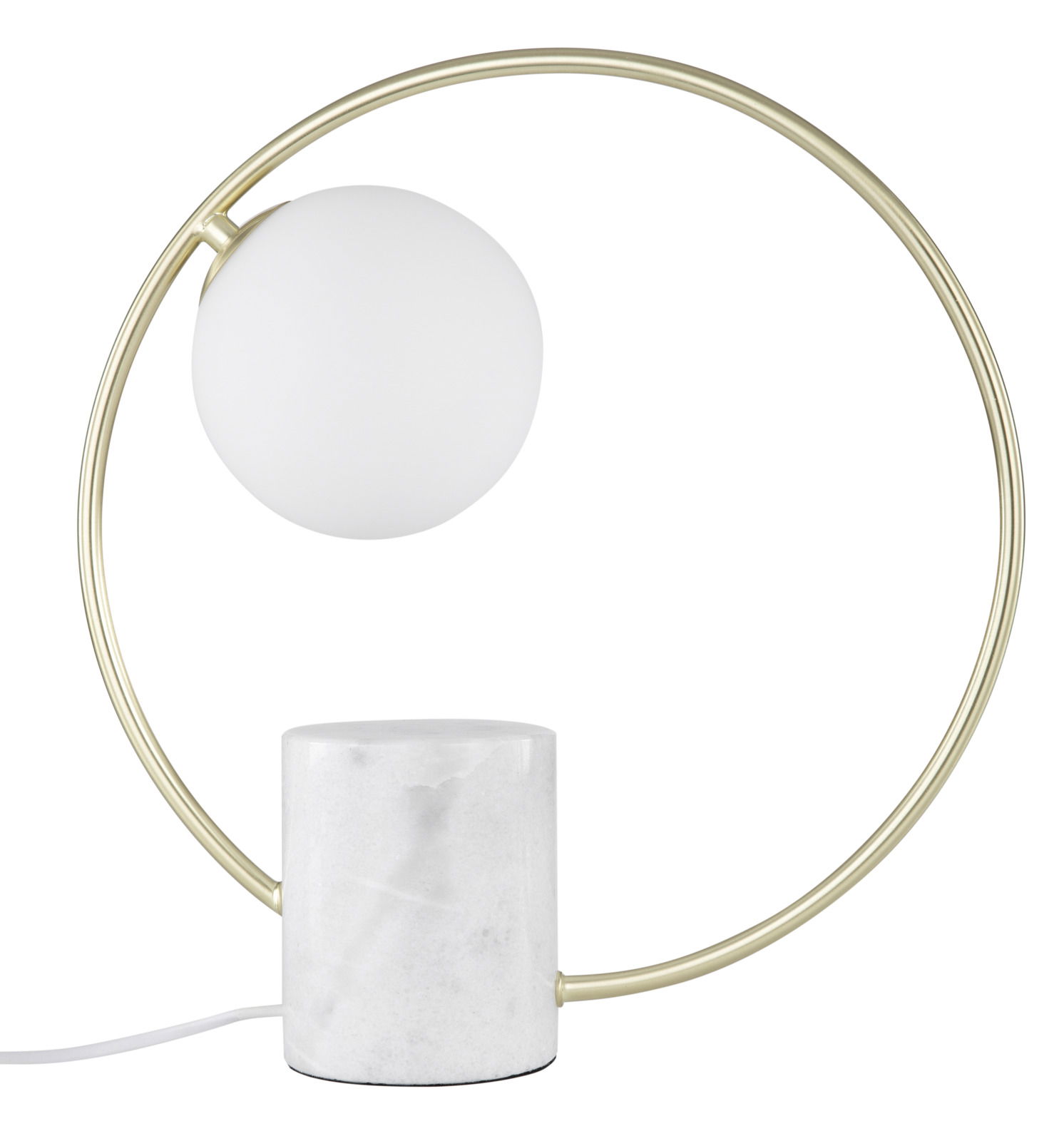 Moderne Tischleuchte Lyon mit rundem, goldfarbenem Rahmen und weißem Marmorsockel, seitliche Perspektive
