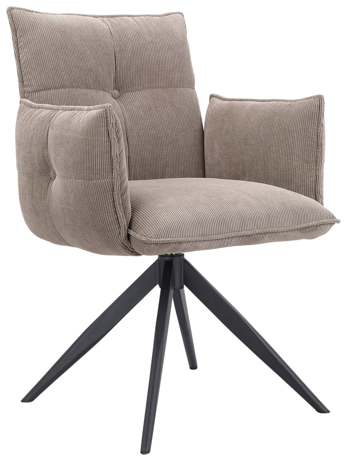 Beiger Armlehnstuhl mit gepolstertem Sitz und Rückenlehne, auf schwarzem Metallgestell, seitliche Perspektive