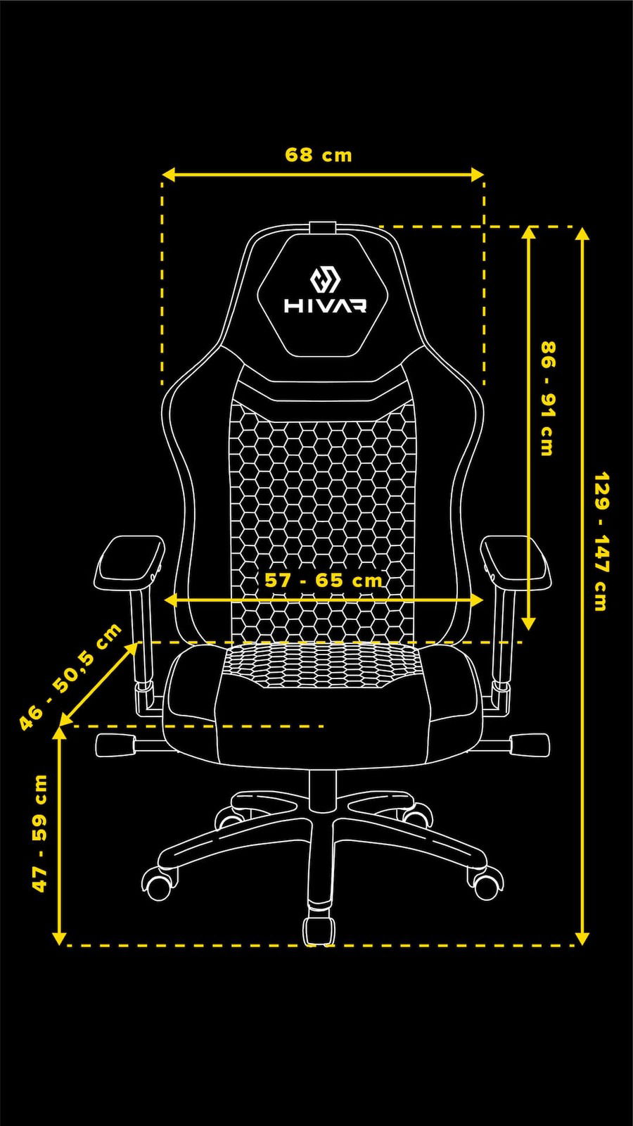 Frontansicht des HIVAR Gaming Stuhls ORBICAL XL mit verstellbaren Armlehnen und ergonomischem Design, Maße in Zentimetern angegeben.