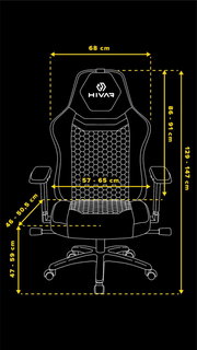 Frontansicht des HIVAR Gaming Stuhls ORBICAL XL mit verstellbaren Armlehnen und ergonomischem Design, Maße in Zentimetern angegeben.