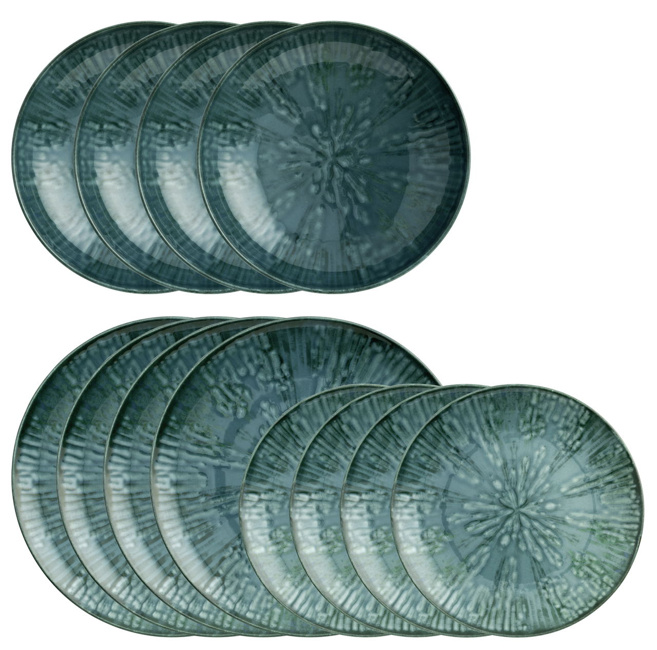 Tellerset Fusion Blue 12-tlg. aus der Vogelperspektive, bestehend aus dunkelblauen Tellern mit einem einzigartigen Muster.