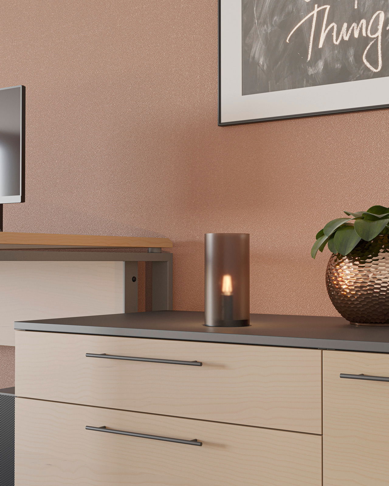 Moderne Tischleuchte GEO von Eglo auf einer Kommode, seitliche Perspektive