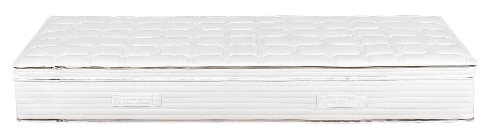 Seitliche Ansicht einer weißen Taschenfederkernmatratze mit gestepptem Bezug und Reißverschluss.