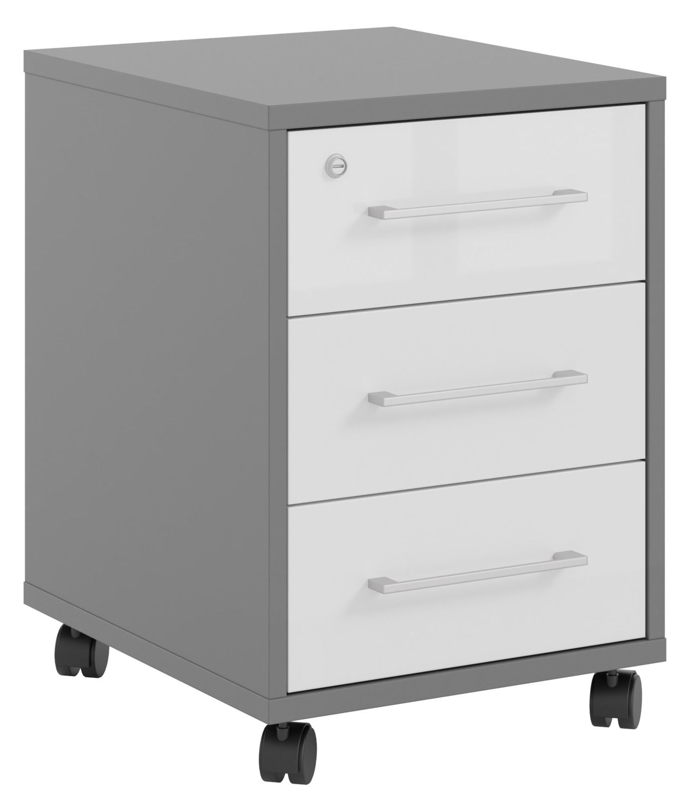 Manjana Rollcontainer OHIO Grauer Rollcontainer mit drei weißen Schubladen und silbernen Griffen, auf Rollen, seitliche Perspektive