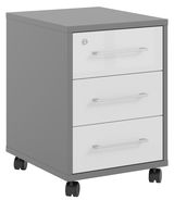 Grauer Rollcontainer mit drei weißen Schubladen und silbernen Griffen, auf Rollen, seitliche Perspektive