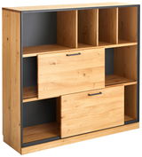 Regal-Schiebetürenschrank aus Holz mit mehreren offenen Fächern und zwei Schiebetüren, seitliche Perspektive