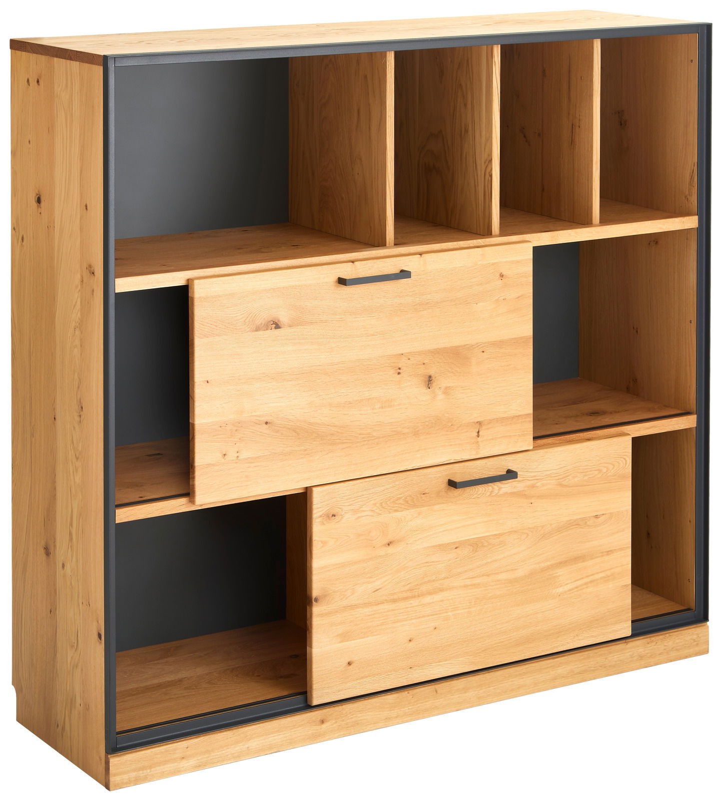 Regal-Schiebetürenschrank aus Holz mit mehreren offenen Fächern und zwei Schiebetüren, seitliche Perspektive