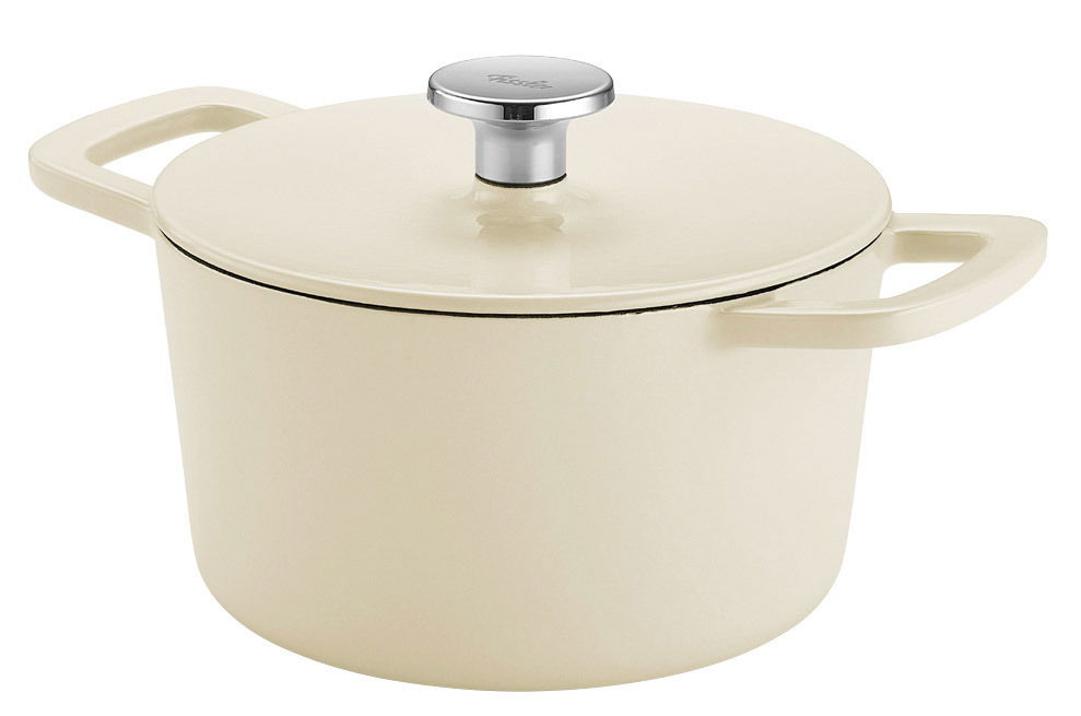 Runder weißer Bräter mit Deckel und zwei Griffen, seitliche Perspektive