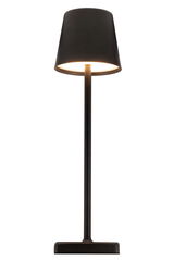 Schwarze Solarleuchte in Frontalansicht mit modernem Design und rundem Lampenschirm.