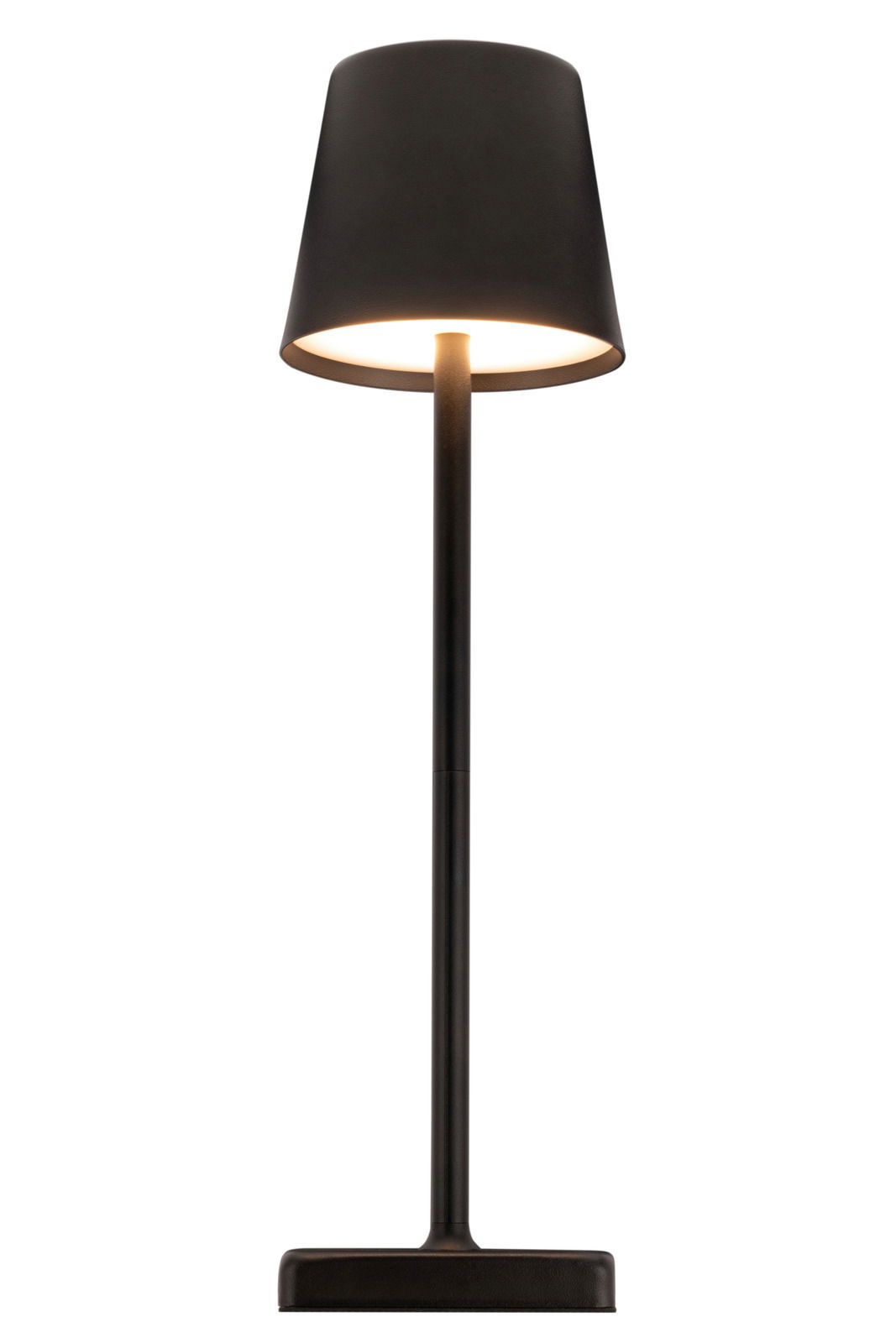 Schwarze Solarleuchte in Frontalansicht mit modernem Design und rundem Lampenschirm.