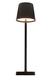 Schwarze Solarleuchte in Frontalansicht mit modernem Design und rundem Lampenschirm.