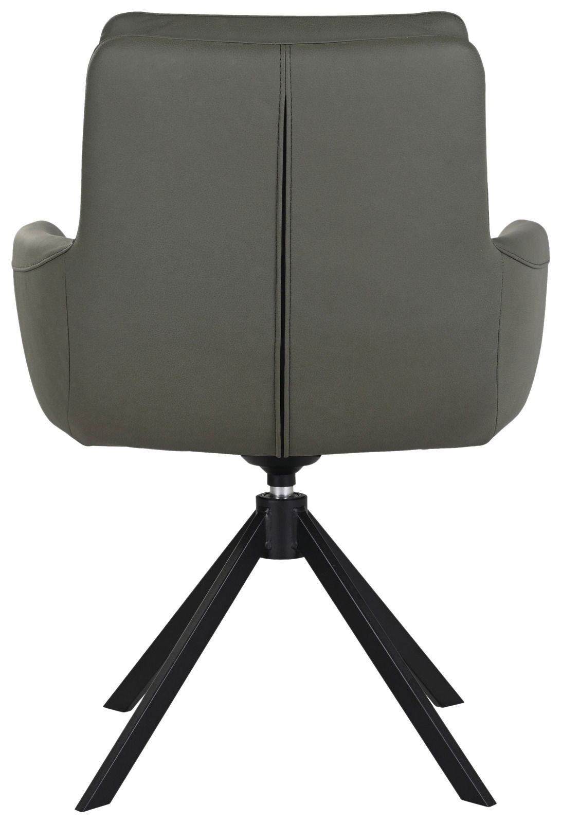 Rückansicht eines modernen Sessels mit schwarzem Metallgestell und olivgrünem Bezug.