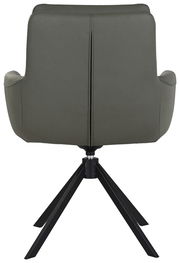 Rückansicht eines modernen Sessels mit schwarzem Metallgestell und olivgrünem Bezug.