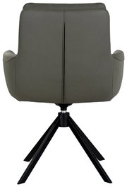 Rückansicht eines modernen Sessels mit schwarzem Metallgestell und olivgrünem Bezug.