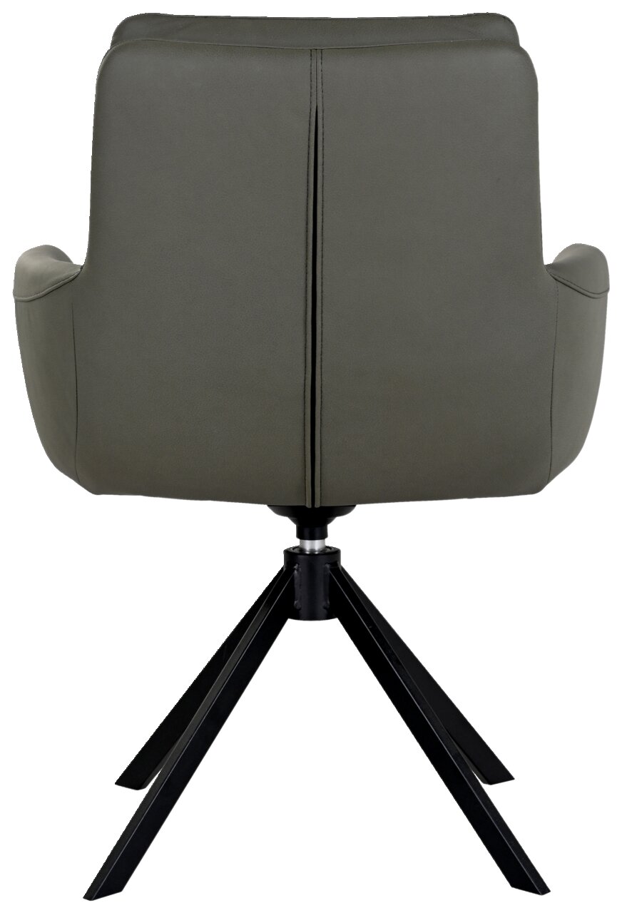 Rückansicht eines modernen Sessels mit schwarzem Metallgestell und olivgrünem Bezug.