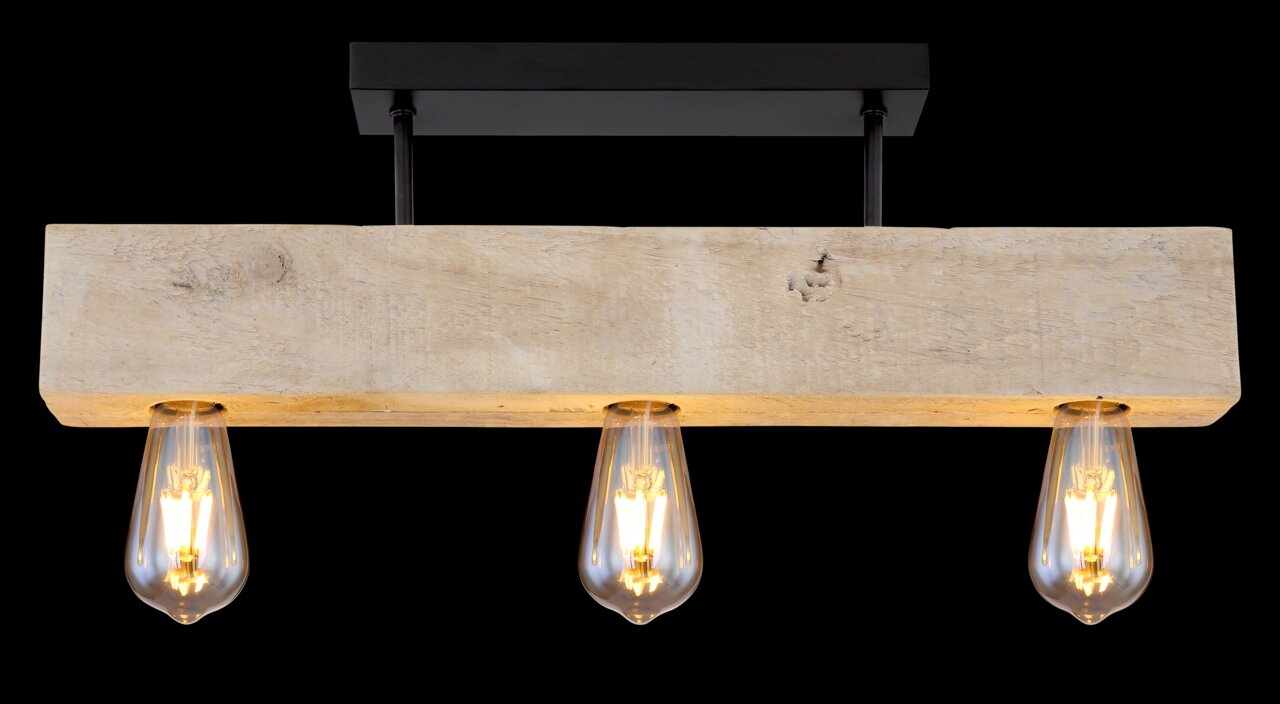 Deckenleuchte aus Holz mit drei hängenden Glühbirnen, seitliche Perspektive