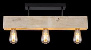 Deckenleuchte aus Holz mit drei hängenden Glühbirnen, seitliche Perspektive