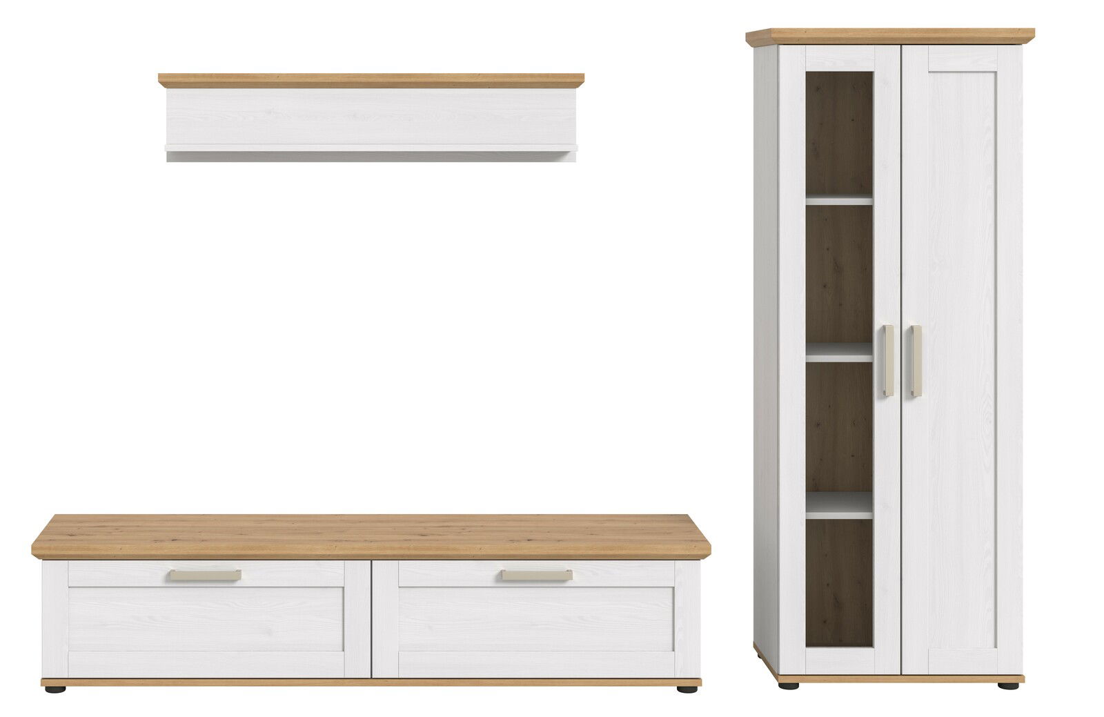 Wohnkombination in Weiß mit Holzoberflächen, bestehend aus einem hohen Schrank mit Glastüren, einem niedrigen TV-Schrank und einem Wandregal. Frontalansicht.