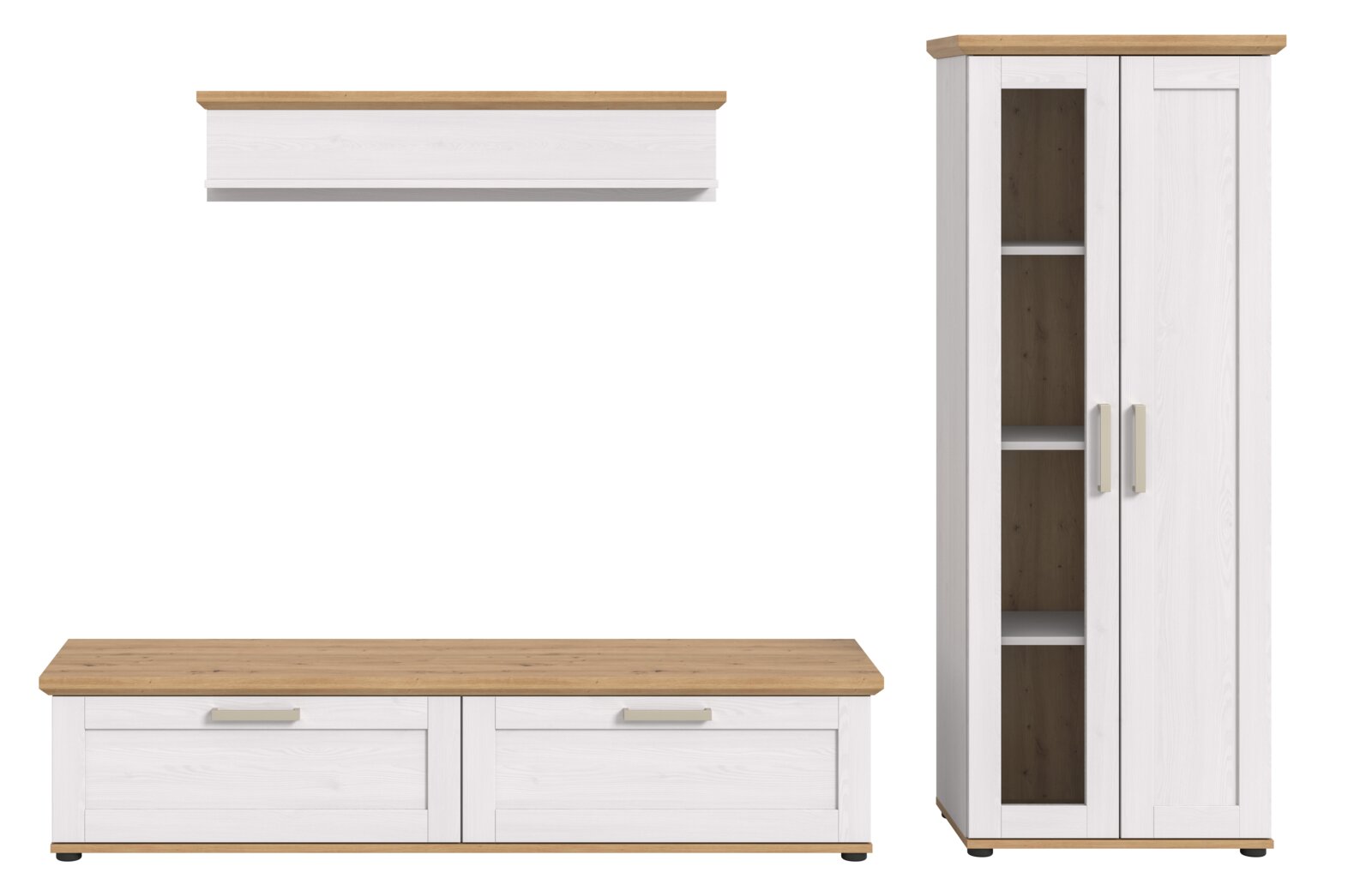 Wohnkombination in Weiß mit Holzoberflächen, bestehend aus einem hohen Schrank mit Glastüren, einem niedrigen TV-Schrank und einem Wandregal. Frontalansicht.