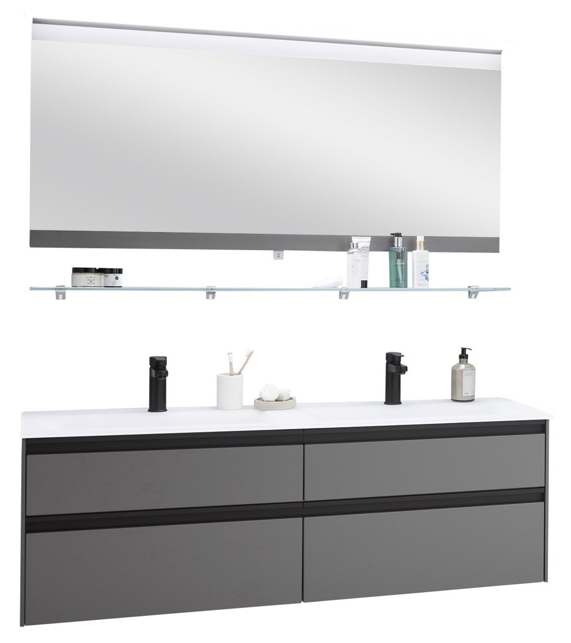 Moderne Badkombination mit großem Spiegel, Glasablage und grauem Doppelwaschtisch, Frontalansicht