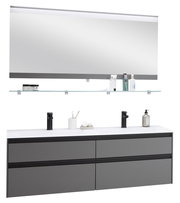 Moderne Badkombination mit großem Spiegel, Glasablage und grauem Doppelwaschtisch, Frontalansicht