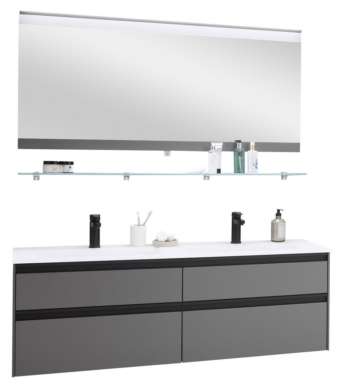 Moderne Badkombination mit großem Spiegel, Glasablage und grauem Doppelwaschtisch, Frontalansicht