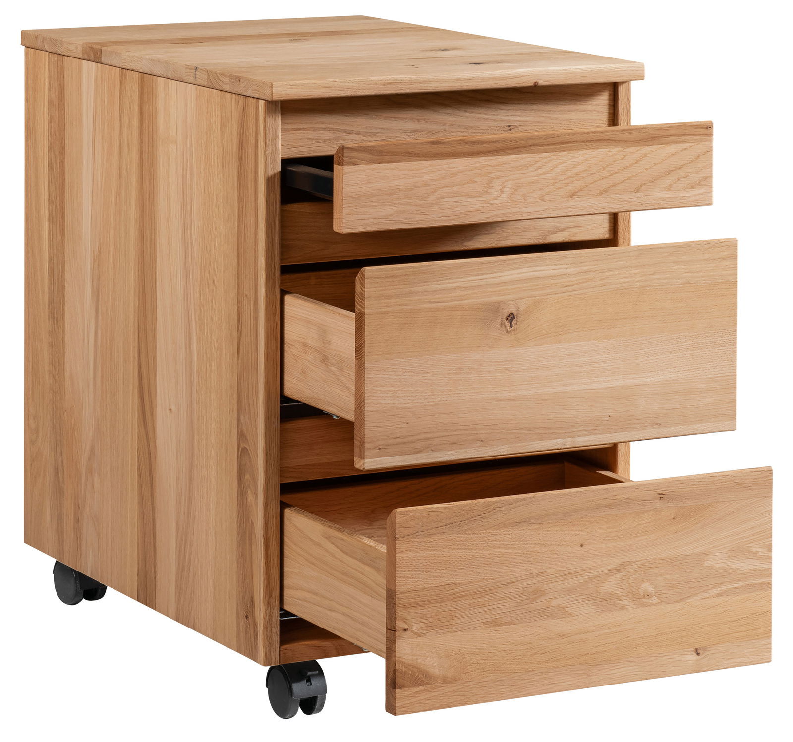 Rollcontainer aus Holz mit drei offenen Schubladen, auf Rollen, seitliche Perspektive