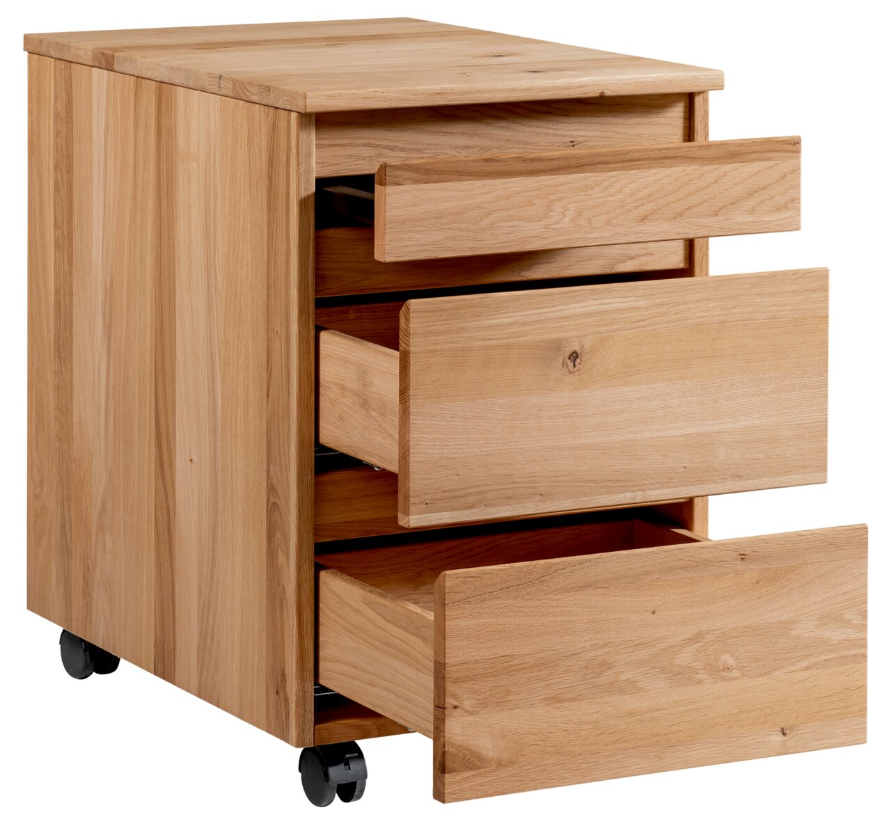 Rollcontainer aus Holz mit drei offenen Schubladen, auf Rollen, seitliche Perspektive