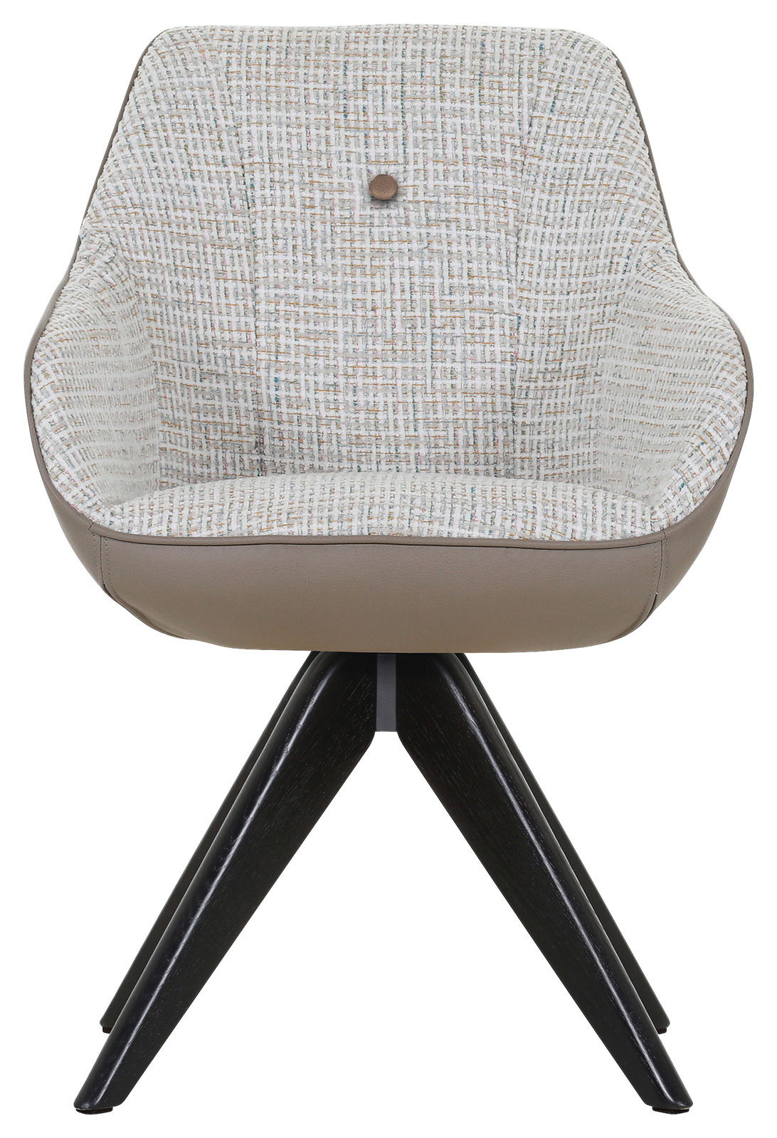 Frontansicht eines modernen Armlehnstuhls mit gemustertem Stoffbezug und dunklen Holzbeinen.