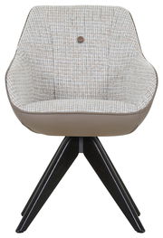 Frontansicht eines modernen Armlehnstuhls mit gemustertem Stoffbezug und dunklen Holzbeinen.