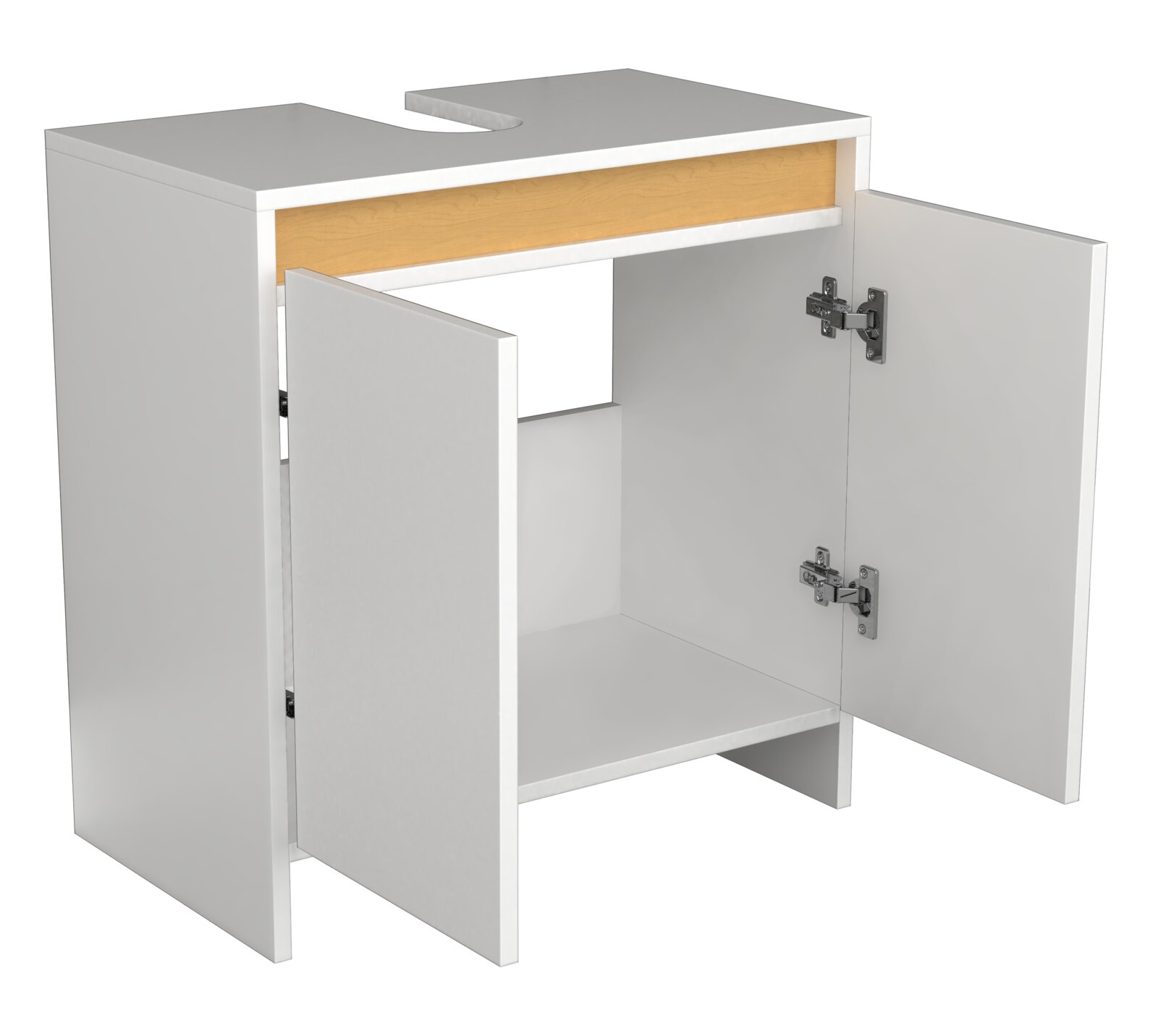 Weißer Waschbecken-Unterschrank mit Aussparung für den Siphon, zwei geöffneten Türen und sichtbaren Metallscharnieren, Innenraum mit Holzoptik-Leiste, freigestellt auf weißem Hintergrund, Perspektive: schräg von vorne rechts.