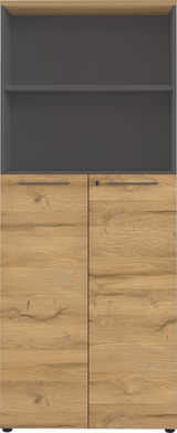 Aktenschrank aus Holz mit zwei Türen und einem offenen Regal, Frontalansicht