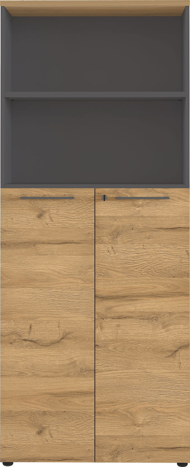 Aktenschrank aus Holz mit zwei Türen und einem offenen Regal, Frontalansicht