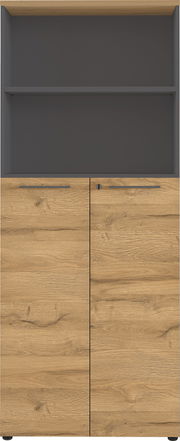 Aktenschrank aus Holz mit zwei Türen und einem offenen Regal, Frontalansicht