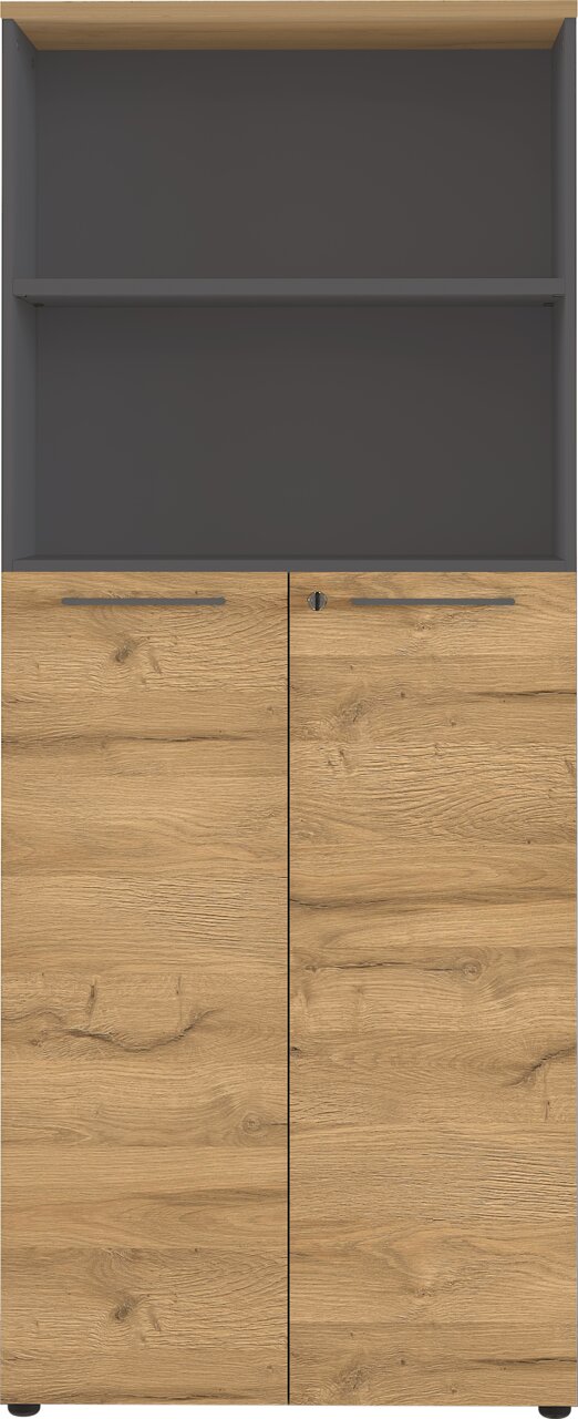 Aktenschrank aus Holz mit zwei Türen und einem offenen Regal, Frontalansicht