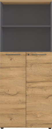 Aktenschrank aus Holz mit zwei Türen und einem offenen Regal, Frontalansicht