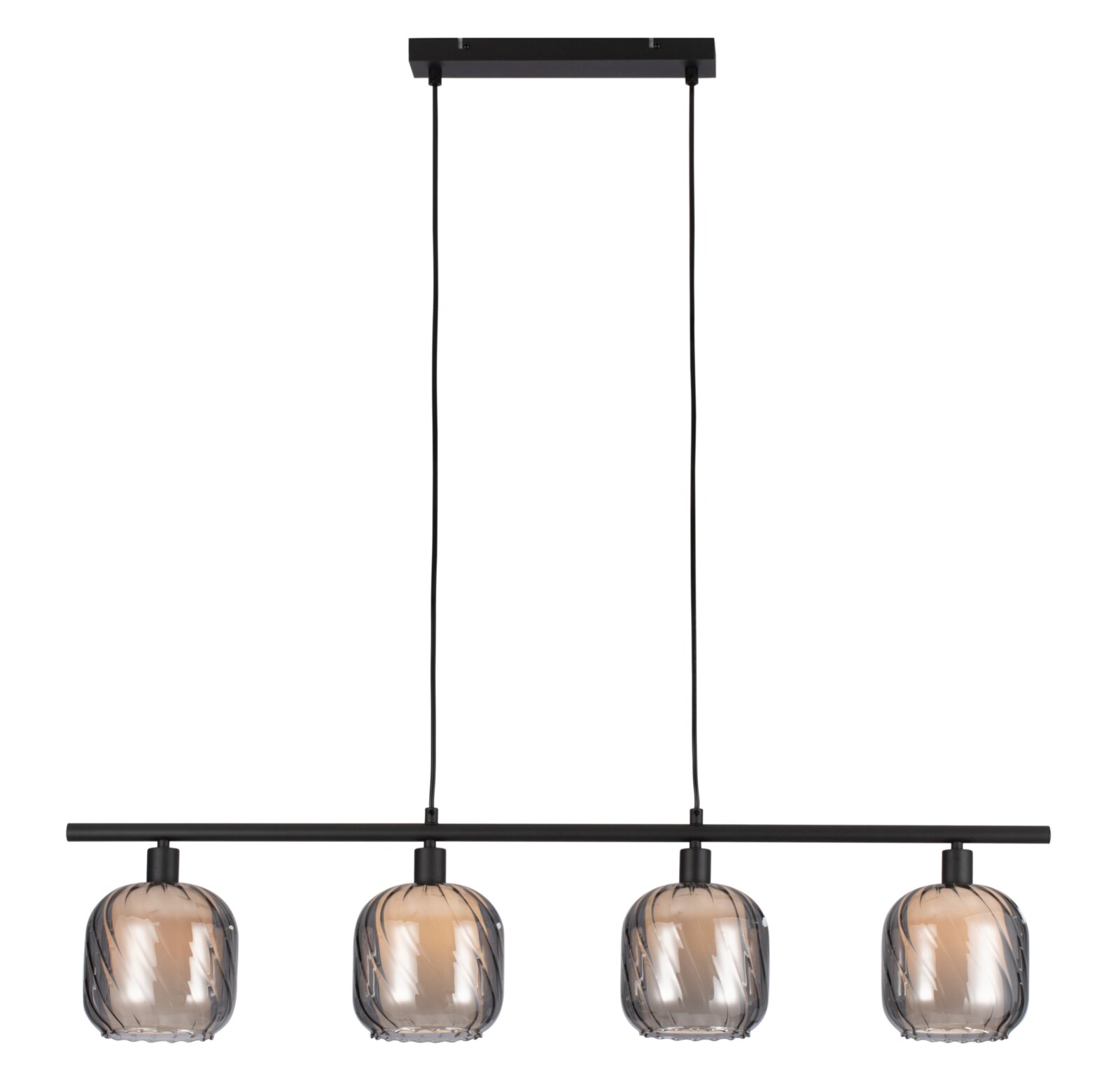 Moderne Hängeleuchte mit vier kugelförmigen, geriffelten Glasschirmen in einer frontalen Ansicht.