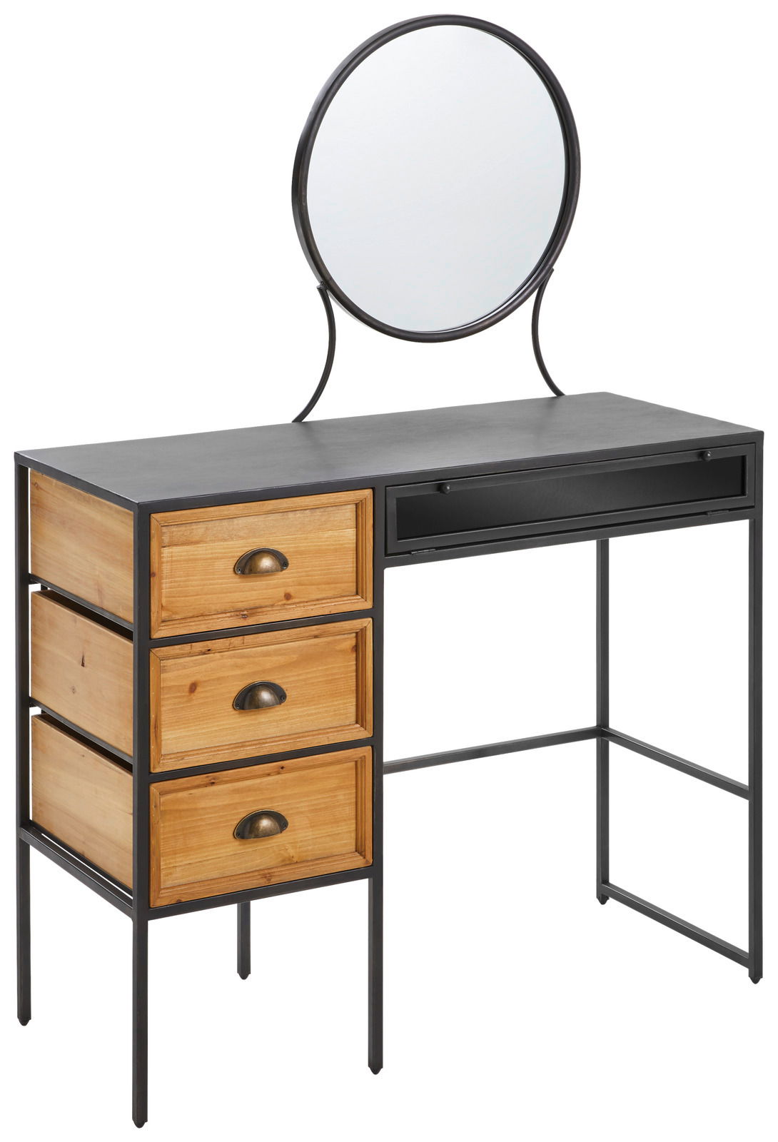 Schminktisch mit rundem Spiegel, drei Holzschubladen und Metallrahmen, seitliche Perspektive