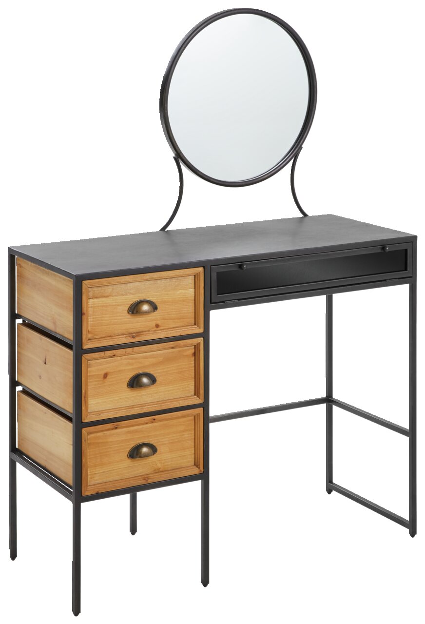 Schminktisch mit rundem Spiegel, drei Holzschubladen und Metallrahmen, seitliche Perspektive