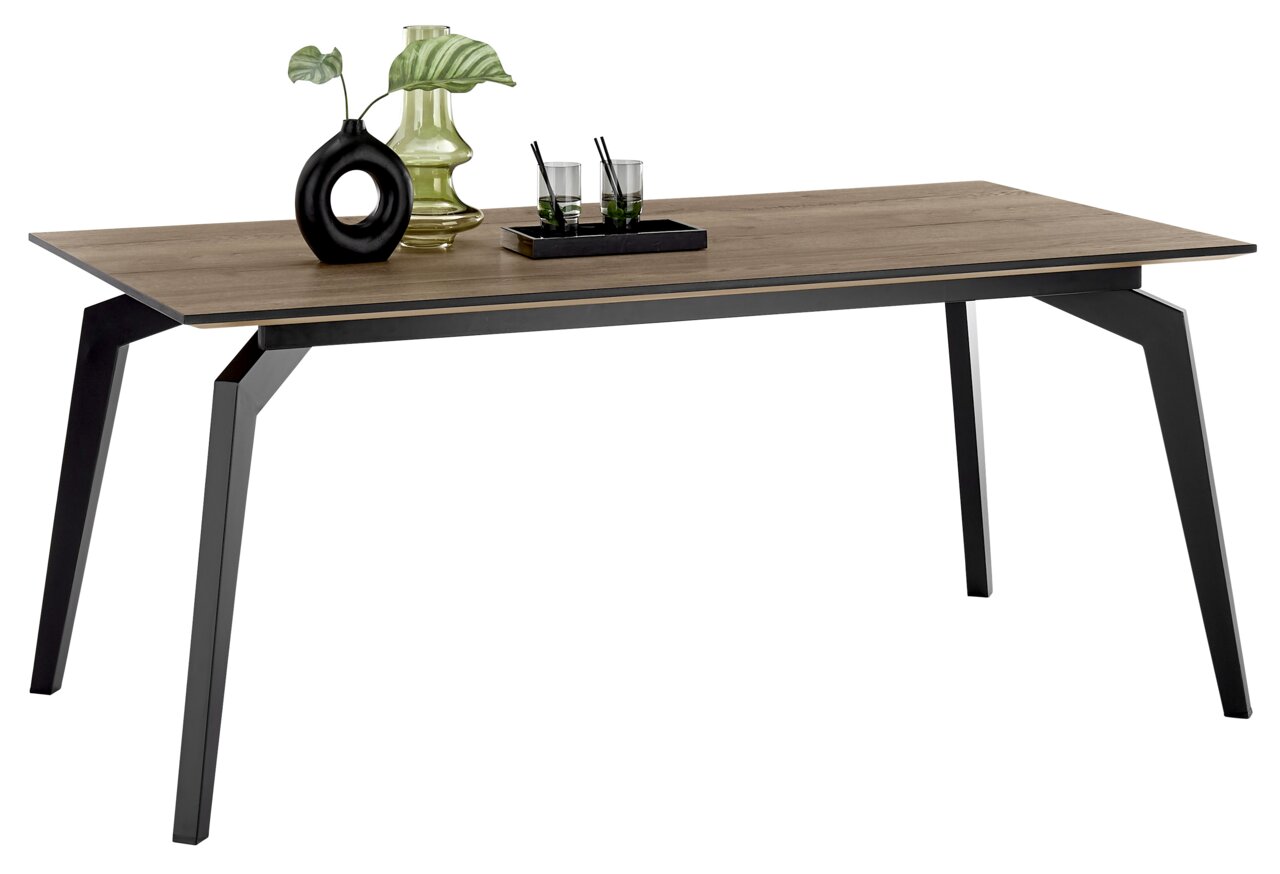 Moderner Esstisch mit Holzplatte und schwarzen Metallbeinen, seitliche Perspektive