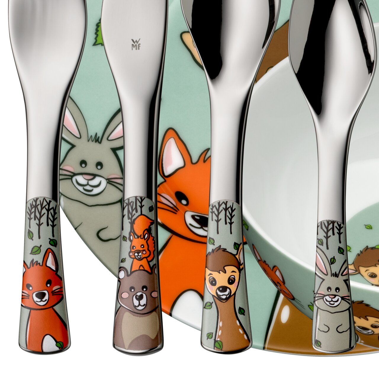 Kinderbestekset met bosdieren, bestaande uit lepels en vorken met kleurrijke dierenmotieven zoals een vos, een haas en een beer, gezien van voren.