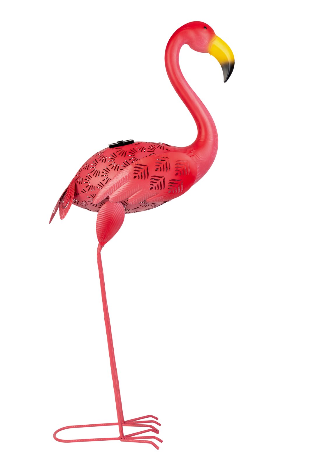 Rode zonne-lamp in de vorm van een flamingo, zijaanzicht