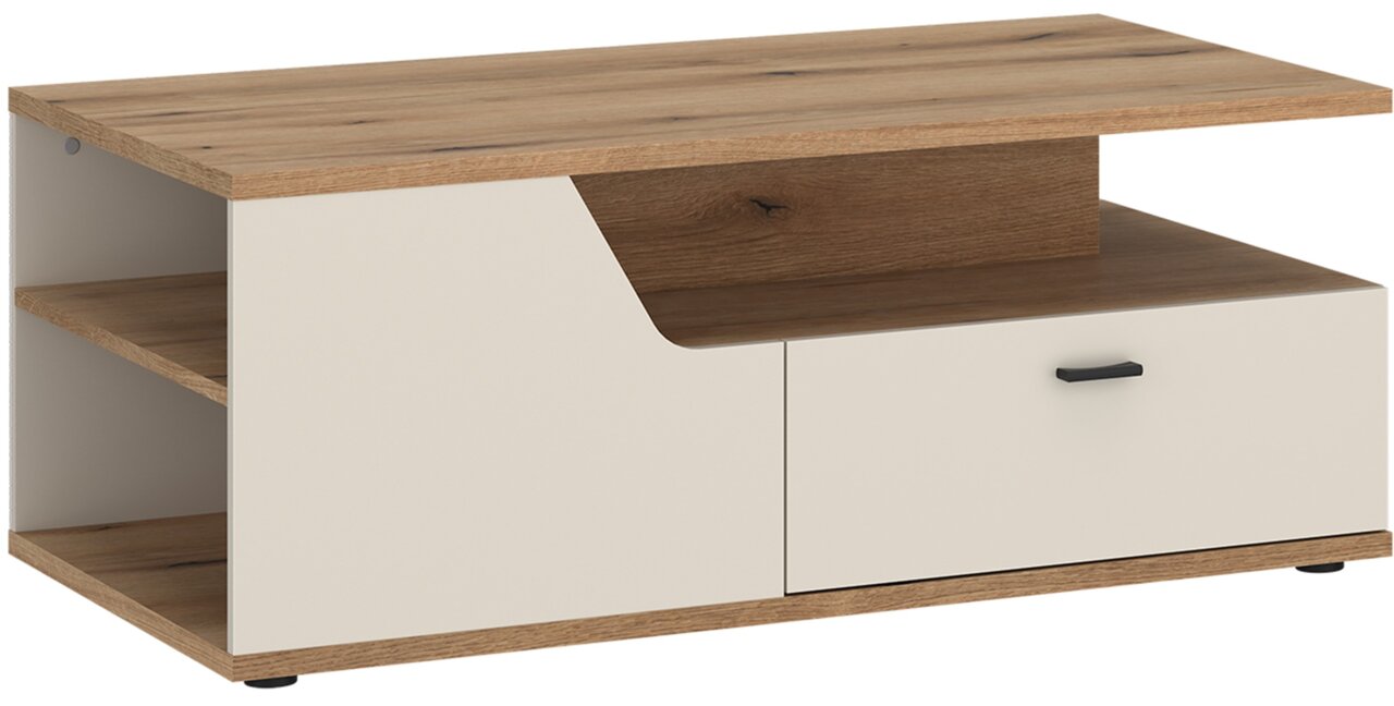 Moderner Couchtisch mit Holz- und Weißakzenten, seitliche Perspektive