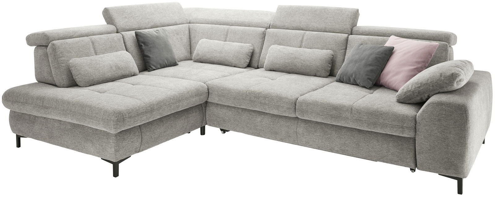 Set one by Musterring Ecksofa SET ONE 3400 Graue Rundecke mit verstellbaren Kopfstützen und mehreren Kissen, Perspektive von vorne links